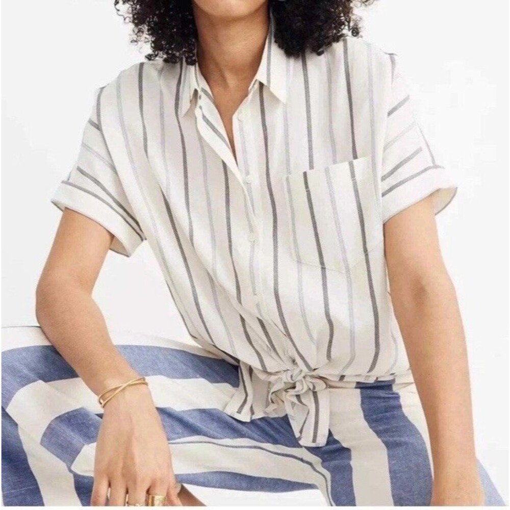 Madewell Cotton Tie-Front Shirt Sz SP White Blue Montpellier Stripe Coastal Boho